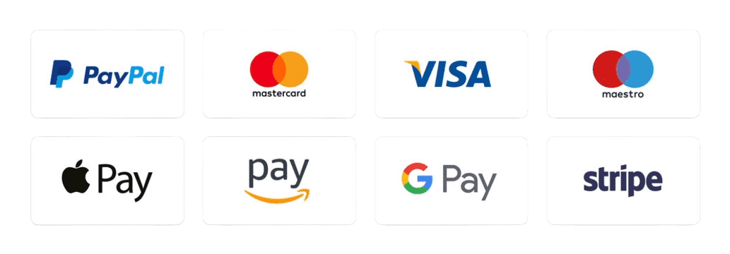 Betalingsmetoder: PayPal, Mastercard, Visa, Maestro, Apple Pay, Amazon Pay, Google Pay og Stripe