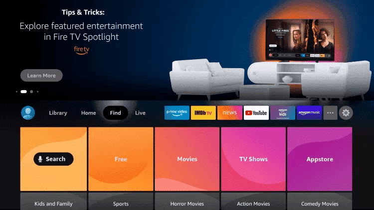 Fire TV home screen with the Find tab open, the first step to install IPTV on Firestick