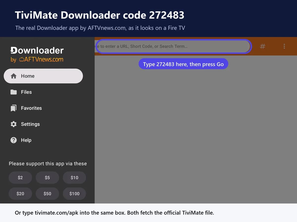 Downloader app home screen where you type the TiviMate Downloader code 272483